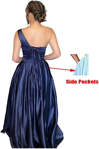 Miniatura 2 de XYAYE Vestidos de fiesta de satén de un hombro con abertura vestidos de noche formales largos con bolsillos para fiesta de mujer