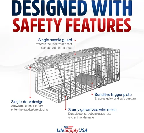 Miniatura 5 de Trampa para animales de 32" plegable de LifeSupplyUSA, jaula resistente para atrapar y liberar animales. Ideal para mapaches, zarigüeyas, gatos