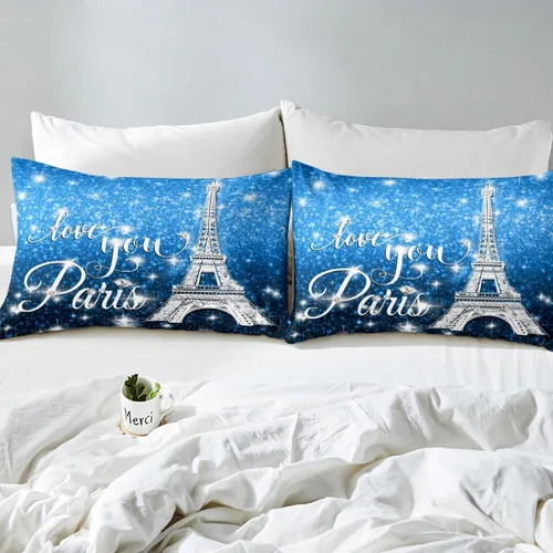 Miniatura 5 de Erosebridal Funda de edredón de la Torre Eiffel para niñas, juego de ropa de cama romántica de París azul, negro y blanco, funda de edredón