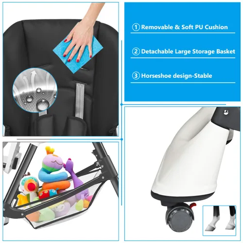Miniatura 7 de INFANS Silla alta con bandeja extraíble con una sola mano, 4 ruedas bloqueables y cesta de almacenamiento grande, altura multiajustable, reclinable