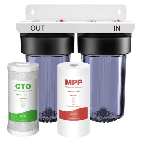 SimPure Sistema de filtro de agua para toda la casa, 2 etapas de prefiltración de agua transparente para el hogar con filtros de carbono y