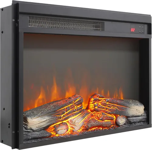Inserto para chimenea eléctrica de 23 pulgadas, calentador empotrado ultrafino con tronco y llama realistas, brillo de 4 llamas ajustable, control