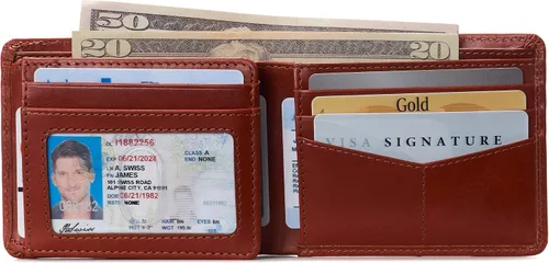 Miniatura 26 de Alpine Swiss RFID - Cartera de piel con 2 compartimentos para documentos de identidad, con ventana dividida, sección para billetes, en caja de regalo