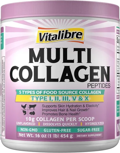 Vitalibre Polvo de péptidos de colágeno múltiple tipo I II III V X, proteína de colágeno hidrolizada para mujeres y hombres, piel, cabello, uñas,