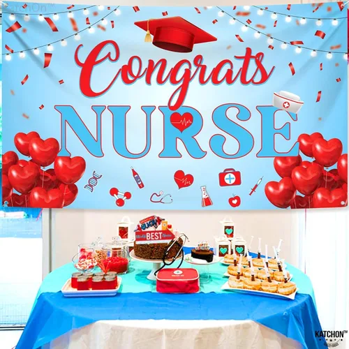 Miniatura 2 de KatchOn, Cartel de enfermera de felicitaciones rojo y azul – XtraL, 72 x 44 pulgadas Cartel de graduación, decoraciones de graduación de enfermera