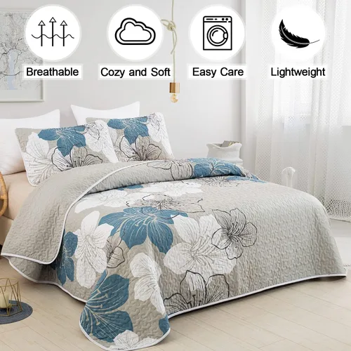 Miniatura 2 de DJY Juego de edredón de 3 piezas, tamaño completo, diseño floral azul, elegante colcha bohemia con 2 fundas de almohada, juego de edredón ligero