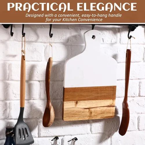 Miniatura 4 de FillTouch 2 tablas de cortar de mármol y madera de acacia de 13 x 8.5 pulgadas, tablas de charcutería de mármol blanco para servir queso con asa