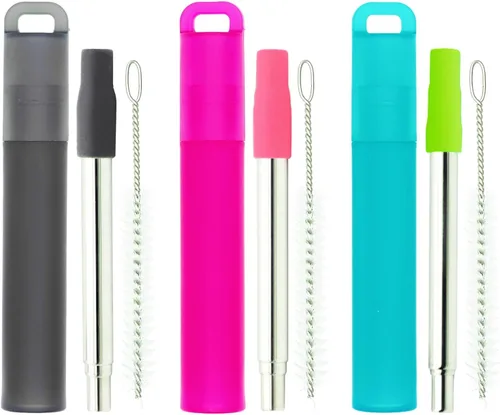 Miniatura 9 de Popotes de metal reutilizables, paquete de 2 popotes plegables y portátiles de acero inoxidable, con carcasa de plástico, puntas de silicona