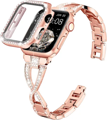 Wipalor Compatible con Apple Watch Band de 1.57 pulgadas + funda, ligera para mujer, pulsera fácil de ajustable, diamante brillante en ambos lados,