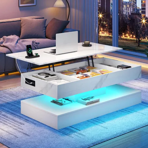 Miniatura 10 de chartustriable Mesa de Centro Grande de 39.4" con Tapa Elevable y Estación de Carga, Mesa Central LED Moderna de Alto Brillo con Compartimento