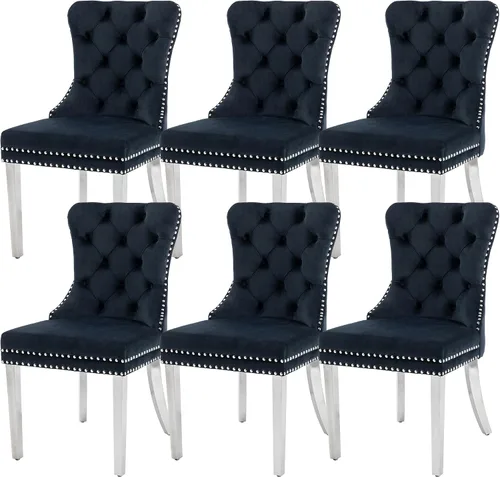 Miniatura 28 de KCC Nikki Collection - Juego de 4 sillas de comedor de terciopelo tapizadas de alta gama con anillo trasero de clavo, patas de madera maciza