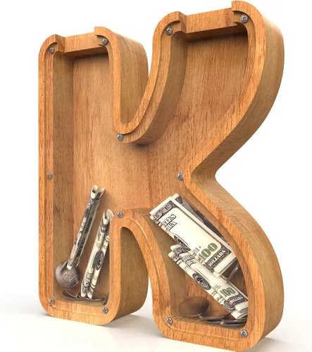 Miniatura 85 de Alcancía para niños y niñas, alcancía grande de madera personalizada con diseño recortado, bancos de monedas con letras del alfabeto, caja de ahorro