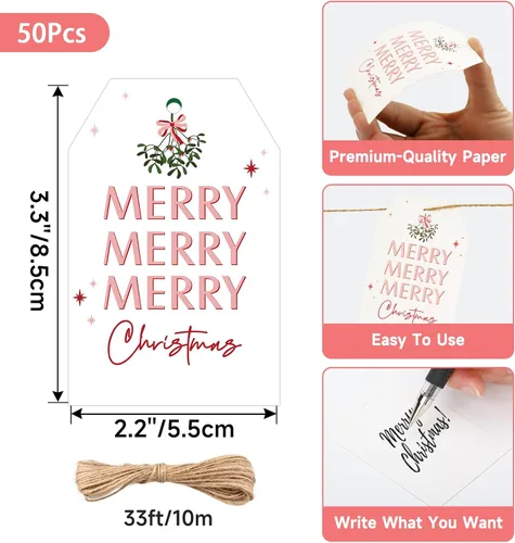 Miniatura 3 de Etiquetas de regalo de Navidad de Anwyll con cuerda - 50 piezas etiquetas de arco rosa feliz feliz feliz Navidad para regalos etiqueta de regalo