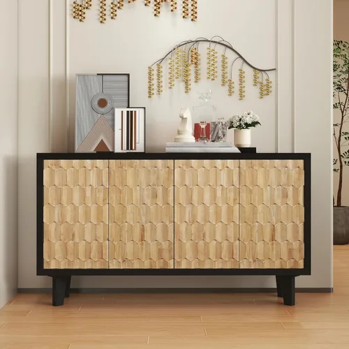 Gabinete Buffet con Almacenamiento, Gabinete de Almacenamiento Desgastado con 4 Puertas Talladas y Estante Ajustable, Aparador de Acento de Madera