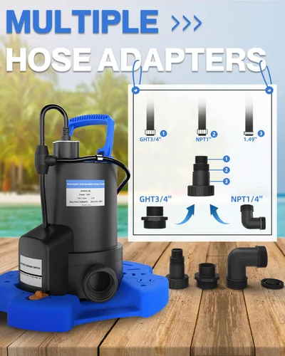 Miniatura 4 de Bomba automática de cubierta de piscina, bomba de agua sumergible de 1 HP 5000 GPH con válvula de retención y 3 adaptadores, cable de 29.5 pies