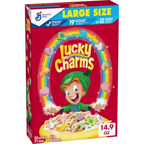 Lucky Charms Cereal sin gluten con malvaviscos, cereales para el desayuno para niños, hecho con grano entero, tamaño grande, 14.9 onzas