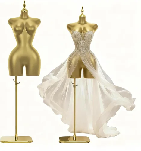 Miniatura 12 de Modelo de torso de maniquí femenino dorado y plateado con altura ajustable y soporte de base de metal para tienda de ropa al por menor (negro, L)