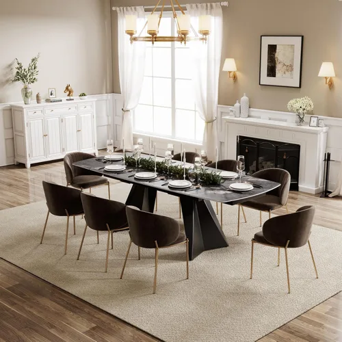 Miniatura 17 de Mesa de comedor extensible con extensión, 65"-95" piedra sinterizada rectangular, superficie con aspecto de mármol, para 6-12 personas, base