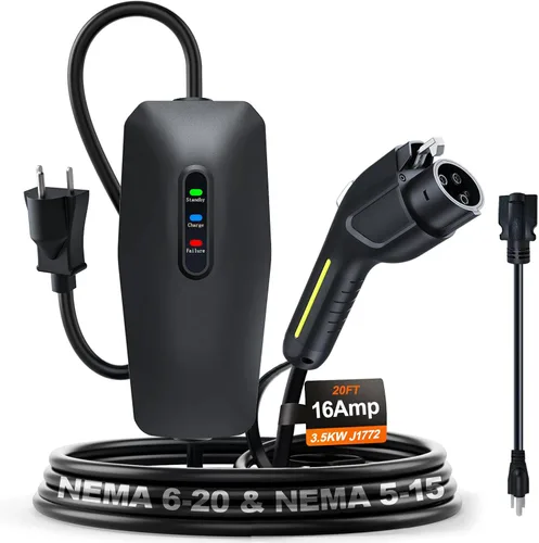 Miniatura 16 de Cargador de vehículo eléctrico de nivel 1/2, 16 amperios y 3.5 kW, cargador portátil con cable de 20 pies, estación de carga doméstica, con enchufe