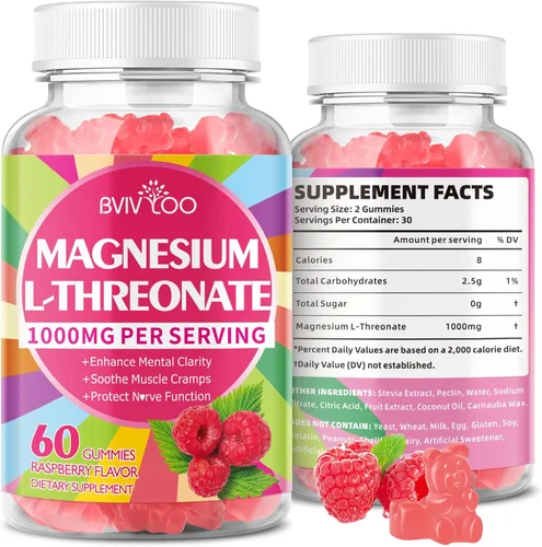 Gomitas de magnesio L-treonato de 1000 mg para adultos, apoyo muscular y del sistema nervioso, vegano, sabor a frambuesa sin azúcar, 60 gomitas