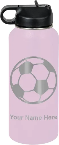 Miniatura 26 de LaserGram Botella de agua personalizada, pelota de fútbol, acero inoxidable de doble pared aislada al vacío con popote superior, regalo grabado