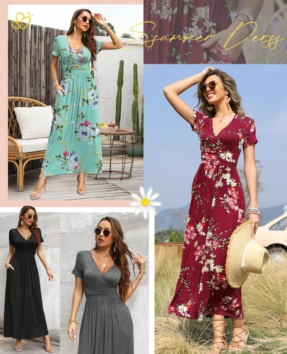 Miniatura 4 de CATHY - Vestido largo de manga corta y con cuello en V pronunciado para mujer, estilo casual, sensual, cintura plisada y con bolsillos