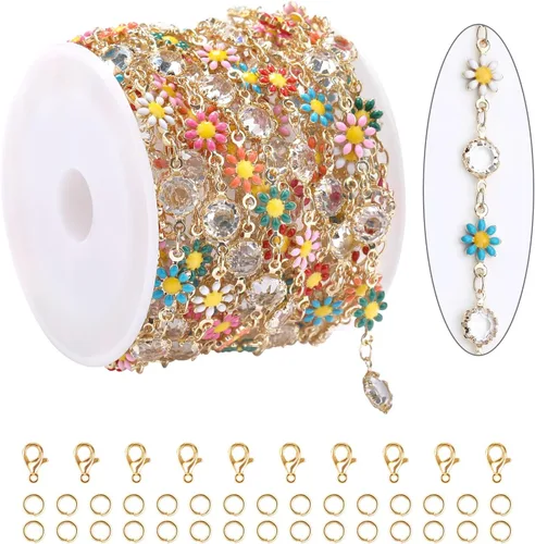 KYUNHOO Cadenas de joyería de flores de margaritas multicolor de 16.4 pies para hacer joyas, cadena de diamantes de imitación transparente, cadena