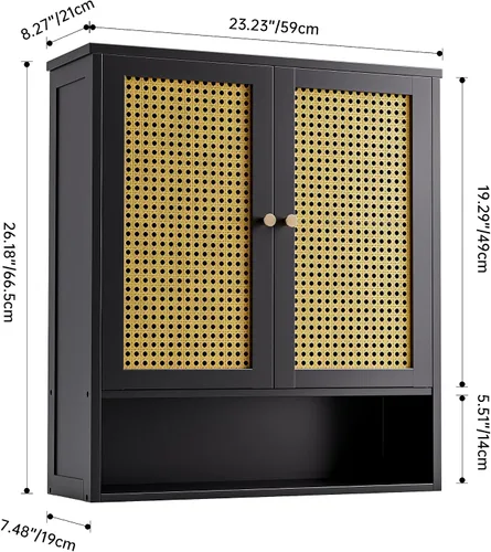 Miniatura 3 de Armario de pared de baño, organizador de almacenamiento de bambú sobre el inodoro con 2 puertas de ratán y estante ajustable, gabinete de medicina