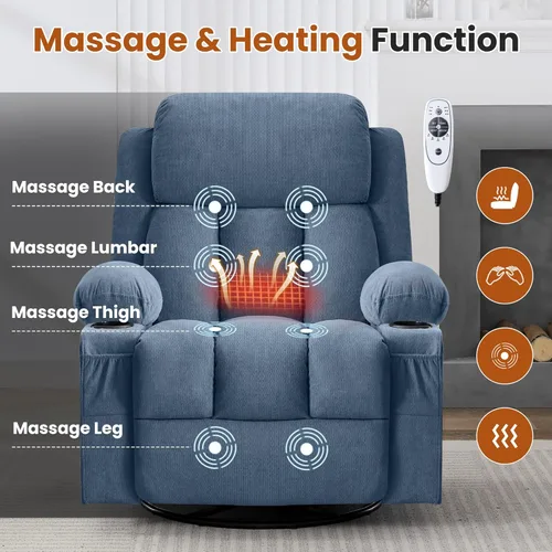 Miniatura 4 de Silla reclinable giratoria con masaje por vibración y calor, reclinable de 150° y balanceo suave, capacidad de 350 libras con bolsillo lateral
