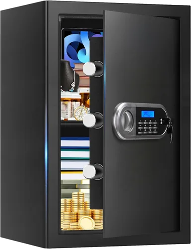Miniatura 14 de Caja fuerte pequeña para uso doméstico, caja de seguridad digital con cerradura de combinación, estante extraíble y llaves de repuesto, caja fuerte