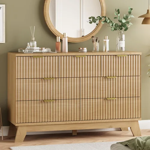 Miniatura 19 de Xixini - Cómoda moderna de madera acanalada para dormitorio, sala estar, pasillo o armario, para organizar y almacenar ropa o soporte de TV, 6 Roble
