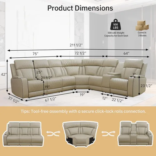 Miniatura 2 de Juego de sofá reclinable eléctrico, juegos de muebles de sala de estar, juego de sofá modular de cuero con luces LED, portavasos, consola