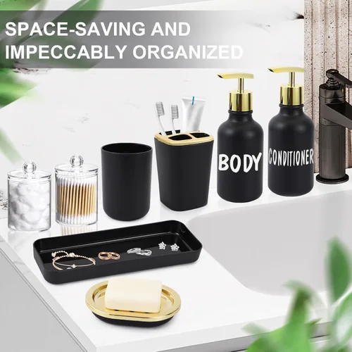 Miniatura 5 de XLHOMO Juego de accesorios de baño negro y dorado - 10 piezas de baño con papelera, dispensador de jabón, jabonera, soporte para cepillo de dientes