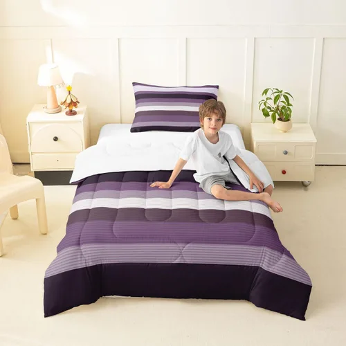 Miniatura 37 de jejeloiu Juego de edredón geométrico para niños, tamaño individual, diseño de rayas de color negro, blanco y gris, juego de ropa de cama decorativo