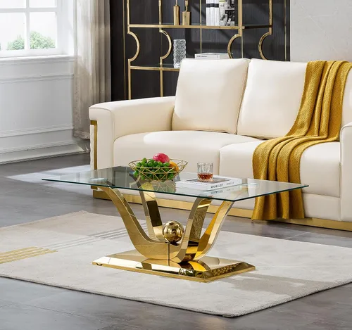 Miniatura 72 de SSLine Mesa auxiliar de cristal de lujo para sala de estar, mesa auxiliar moderna dorada con base de pedestal de acero inoxidable en forma de flor