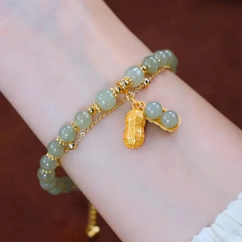 Miniatura 4 de SJDOFU Pulsera de cuentas de jade Hetian Jade Peanut Colgante Pulsera elástica para mujer (verde claro), Esmeralda, Jade