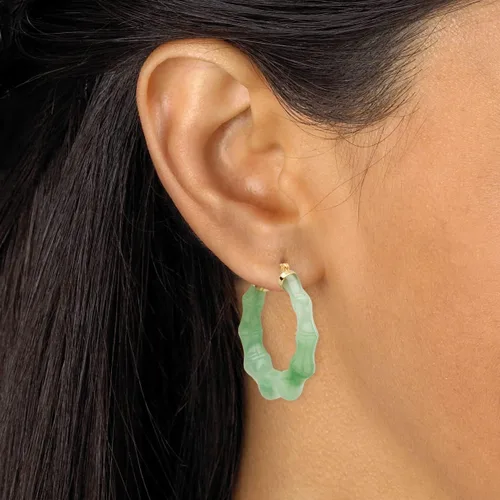 Miniatura 3 de Aretes de aro redondos de oro amarillo de 14 quilates color verde o negro jade bambú estilo bambú (1.181in), Metal, Jade