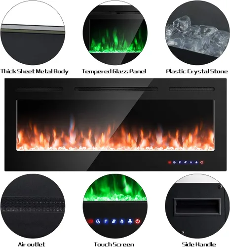 Miniatura 9 de COSTWAY Chimenea eléctrica de 50 pulgadas, 750 W/1500 W empotrada en pared y montaje con control remoto, 9 colores de llama, 5 ajustes de brillo