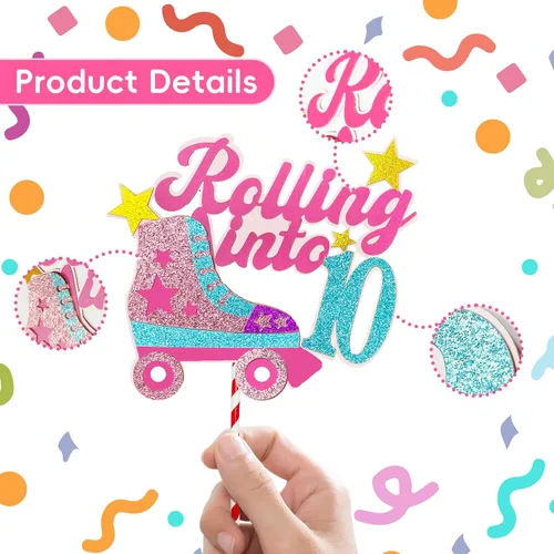Miniatura 5 de Decoración para tartas con temática de décimo cumpleaños de 10 años, decoración de cumpleaños de 10 años para niñas, patinaje sobre ruedas, fiesta