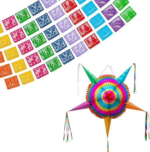 Pancartas de fiesta mexicana (paquete de 5, 10 diseños de banderas de plástico por bandera) + piñata mexicana (grande de 32 pulgadas), pancarta de