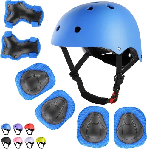 WayEee - Juego de casco de bicicleta para niños, rodilleras para patinetas, juego de almohadillas para casco, juego de equipo de protección Azul