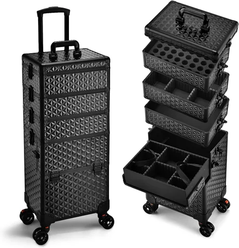 Yueieoun Maletín de Maquillaje Profesional 5 en 1 con Ruedas, Estuche de Cosméticos Extra Grande de Aluminio Rodante Trolley de Maquillaje