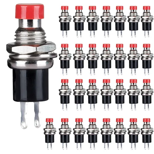 Miniatura 11 de Clyxgs Interruptor de botón momentáneo, SPST Interruptor NC cerrado normal de 2 pines Mini Micro 1A 250V AC Negro+Tapa Roja 30 PCS