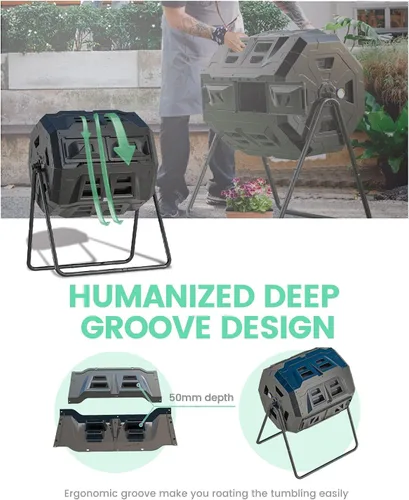 Miniatura 4 de Compostador giratorio mejorado 2021 con termómetro de compost - Contenedor de compost de jardín de cámara doble (43 galones, negro)