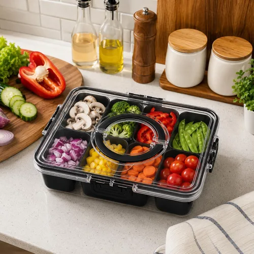 Miniatura 8 de Dingerjar Bandeja dividida para servir con tapa y asa - Snackle Box Contenedor de charcutería para bandejas de aperitivos portátiles, organizador