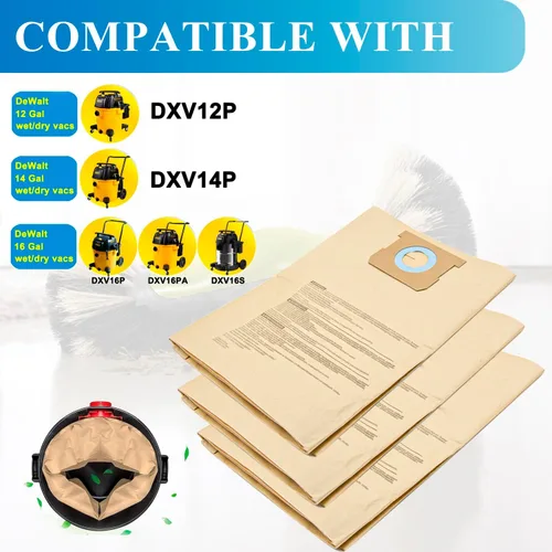 Miniatura 2 de Paquete de 12 bolsas de polvo DXVA19-4102 para aspiradora DEWALT de 12 a 16 galones, compatible con DXV12P DXV14P DXV16P DXV16PA DXV16S