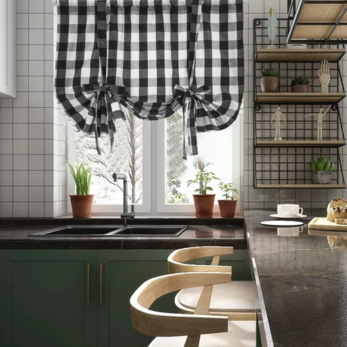 Miniatura 2 de vctops Cortinas entramadas de Navidad en negro y blanco estilo búfalo con función de amarras, estilo granja, térmicas, aislantes, para ventanas