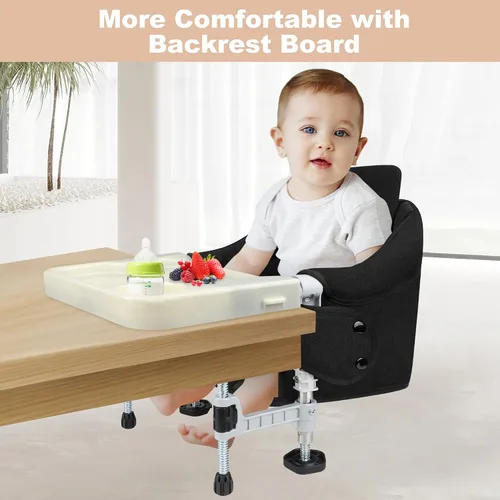 Miniatura 5 de Silla alta de gancho: silla de viaje portátil para bebé y niño, clip plegable con bandeja de comedor extraíble, tablero de respaldo y bolsa de Negro