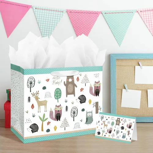 Miniatura 5 de Bolsa de regalo grande de 13 pulgadas con tarjeta y papel de seda para baby shower, cumpleaños de niños (animales del bosque)
