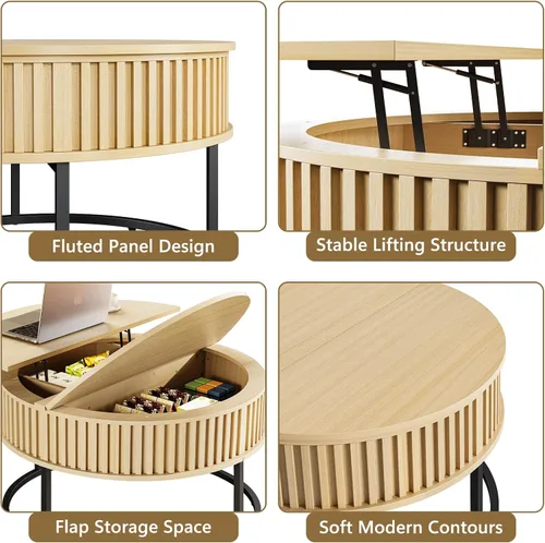 Miniatura 5 de Mesa de centro redonda con parte superior elevadora, mesas de centro de madera estriada para sala de estar, elevación para comedor, gran